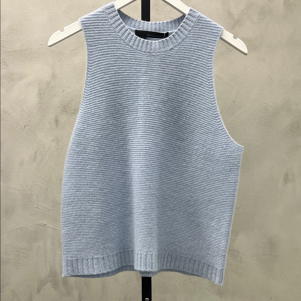 360 Cashmere Light Blue Ribbed Sleeveless Cashmere Sweater Vest